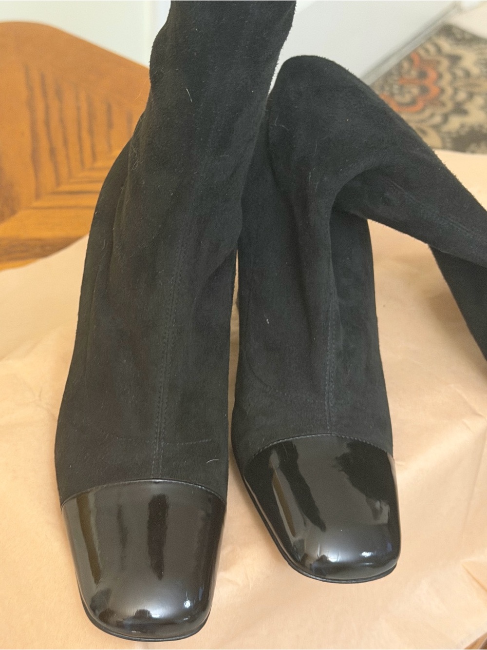 CHANEL Vintage Authentic Black Suede knee high 36/6 Boots with Patent Cap Toe
